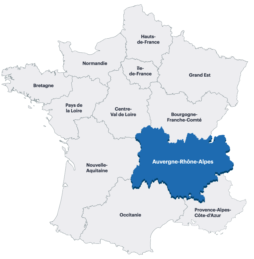 Carte de la région Auvergne-Rhône-Alpes – zone d'intervention Lejeune Débarras